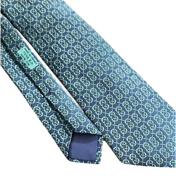 Hermès Paris Silk Tie Navy Teal Horseshoe Polo Mallet Equestrian Pattern EUC - Picture 8 of 10